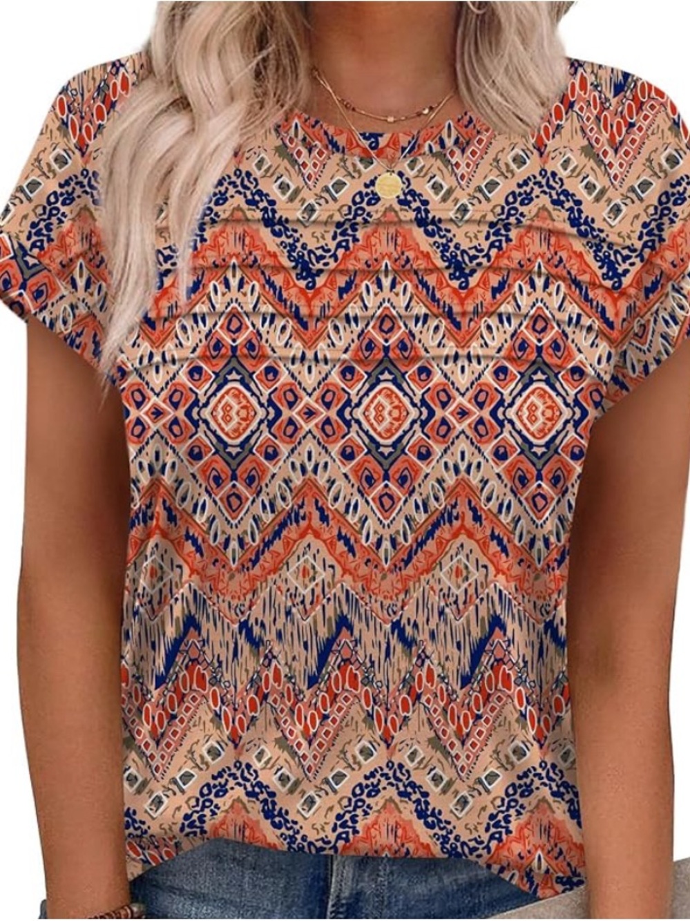 Boho Chevron Print Short Sleeve Top - Orange & Blue